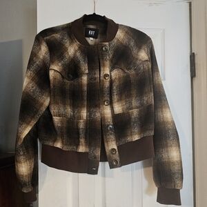 Kut from the Kloth Tan and Brown Plaid Bomber Jacket - Size M EUC